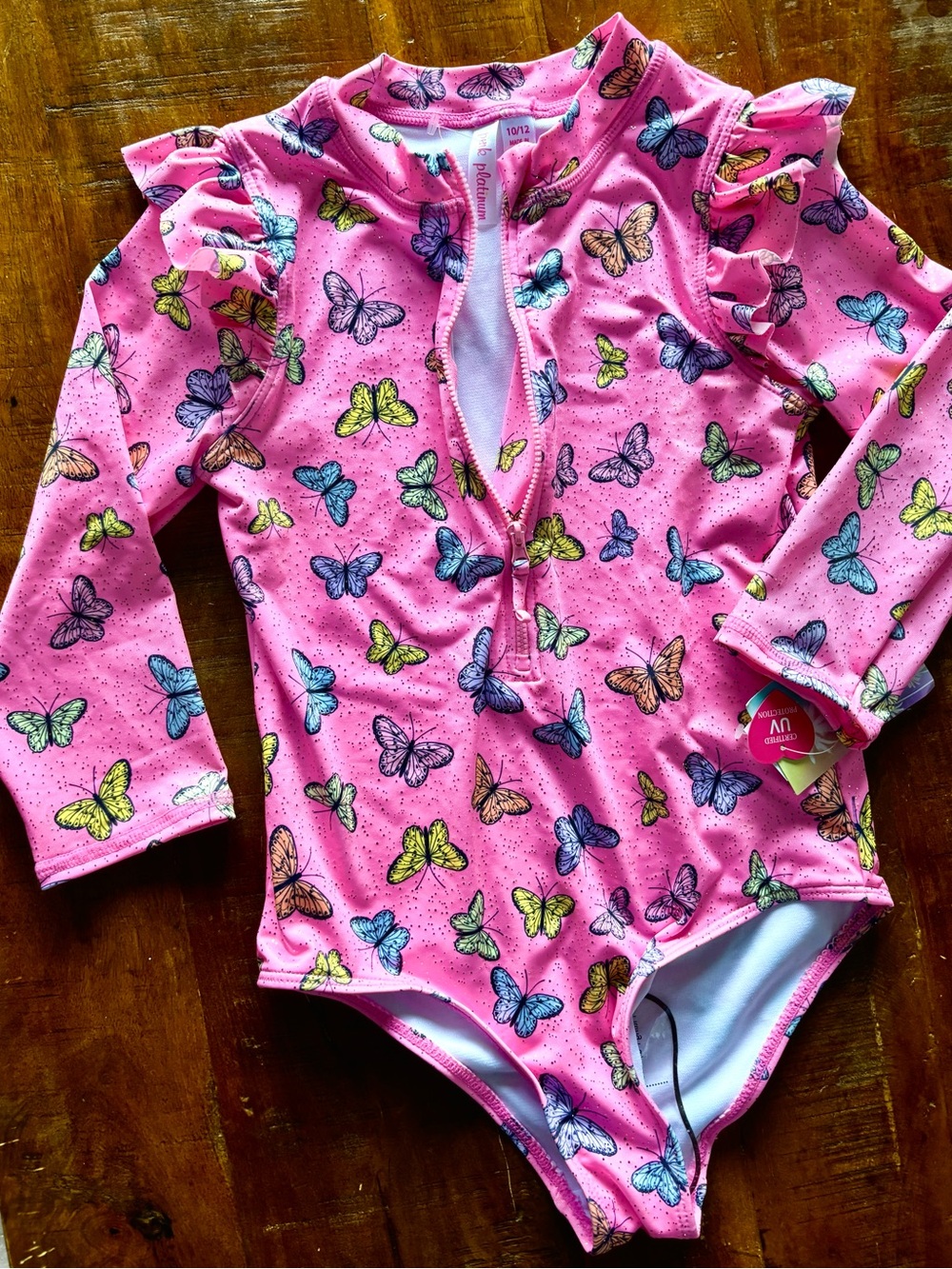 Girls Pink gold speckled Butterfly Ruffle Long-Sleeve Swimsuit       size 10/12